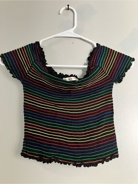 Heart Hips Black Rainbow-Striped Short Sleeve Crop Top